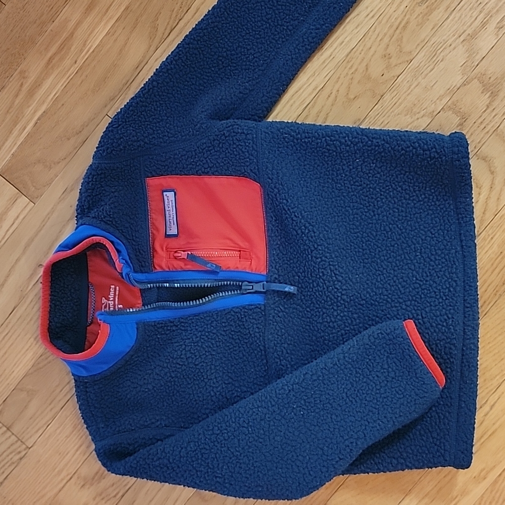 Vineyard Vines Kids Navy Fleece Pullover with Red Chest Pocket